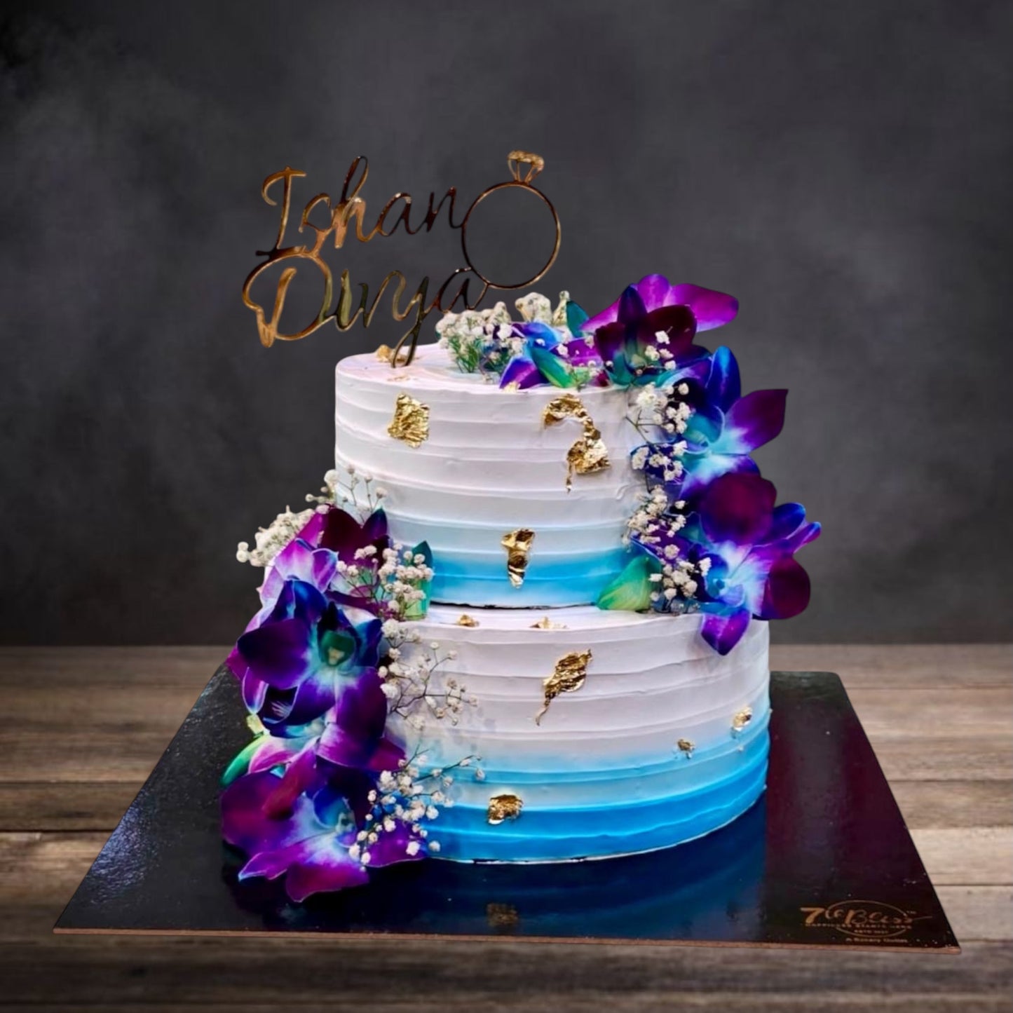 Blue Ombre Orchid Engagement Cake