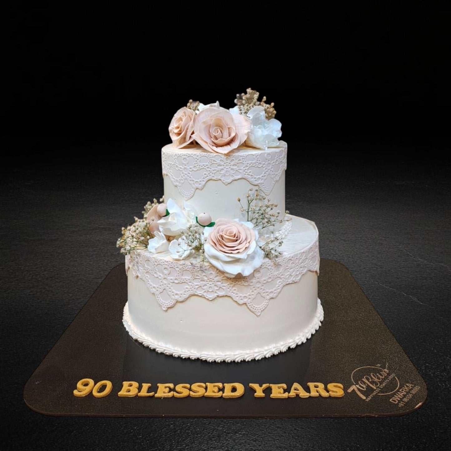 Ivory Lace Blossom Celebration Tier Cake