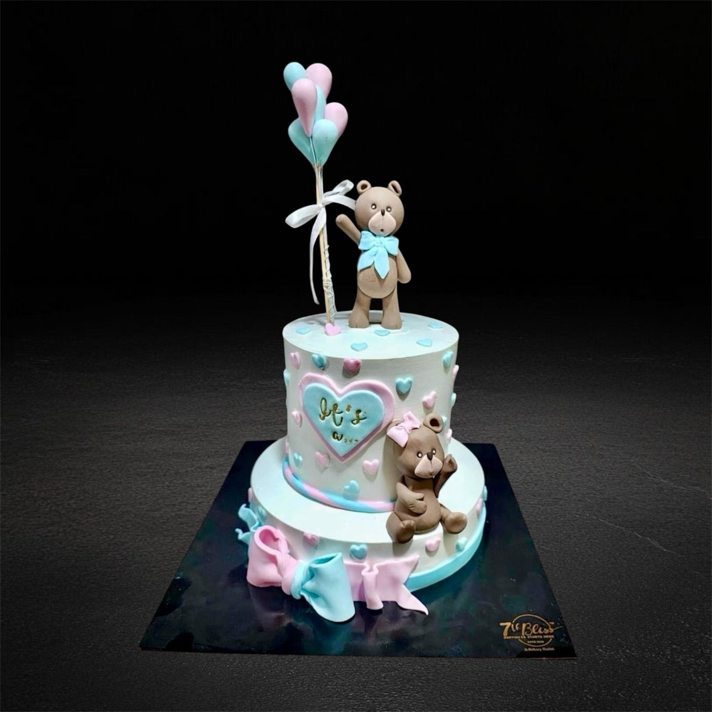 Heart Balloon Teddy Gender Reveal Tier Cake