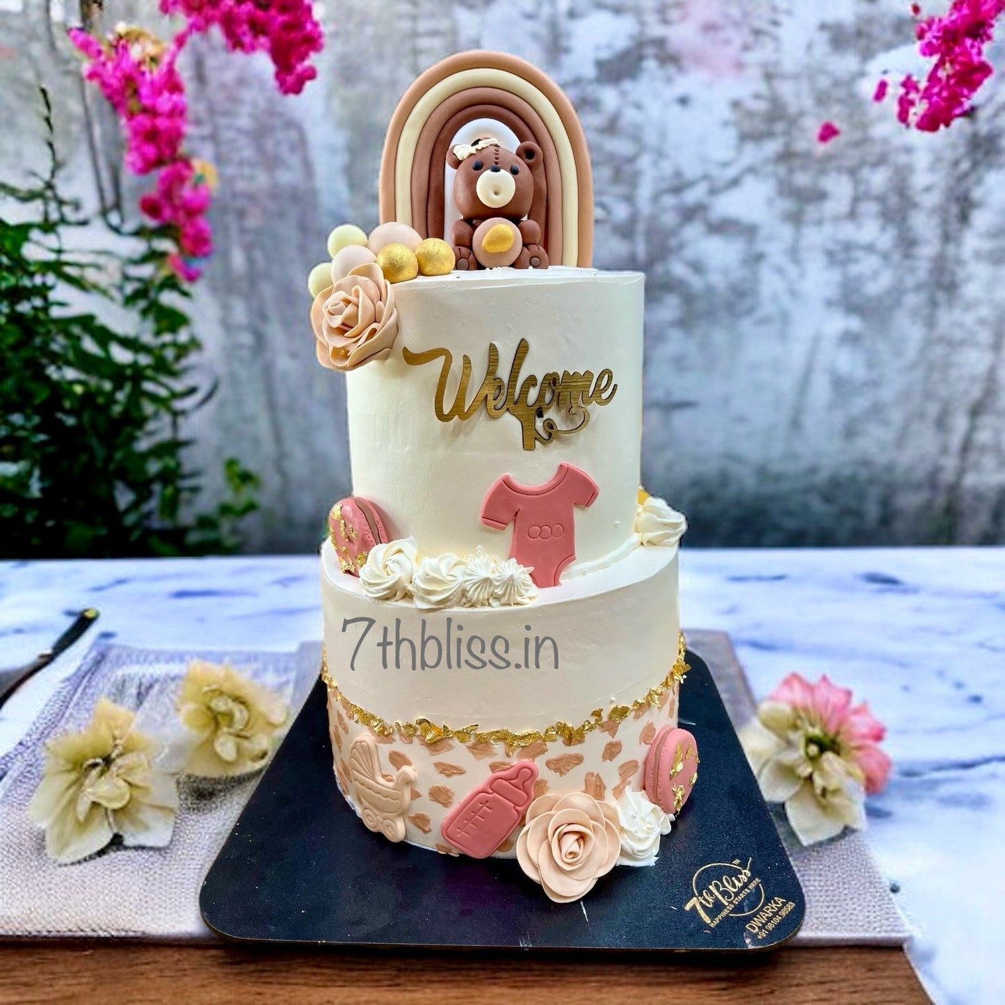 Teddy Bear Rainbow Welcome Baby 2-tier Cake
