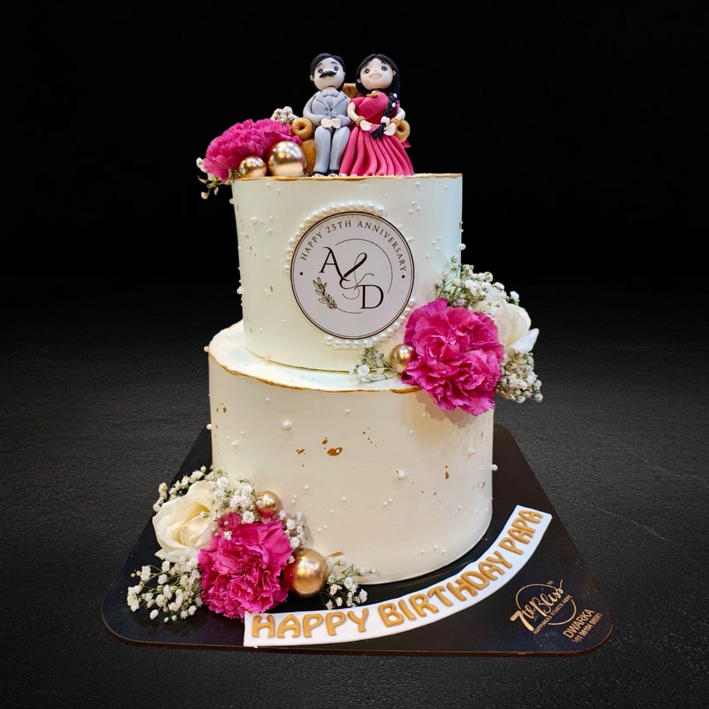 Couple on Sofa Hot Pink 25th Anniversary Cake