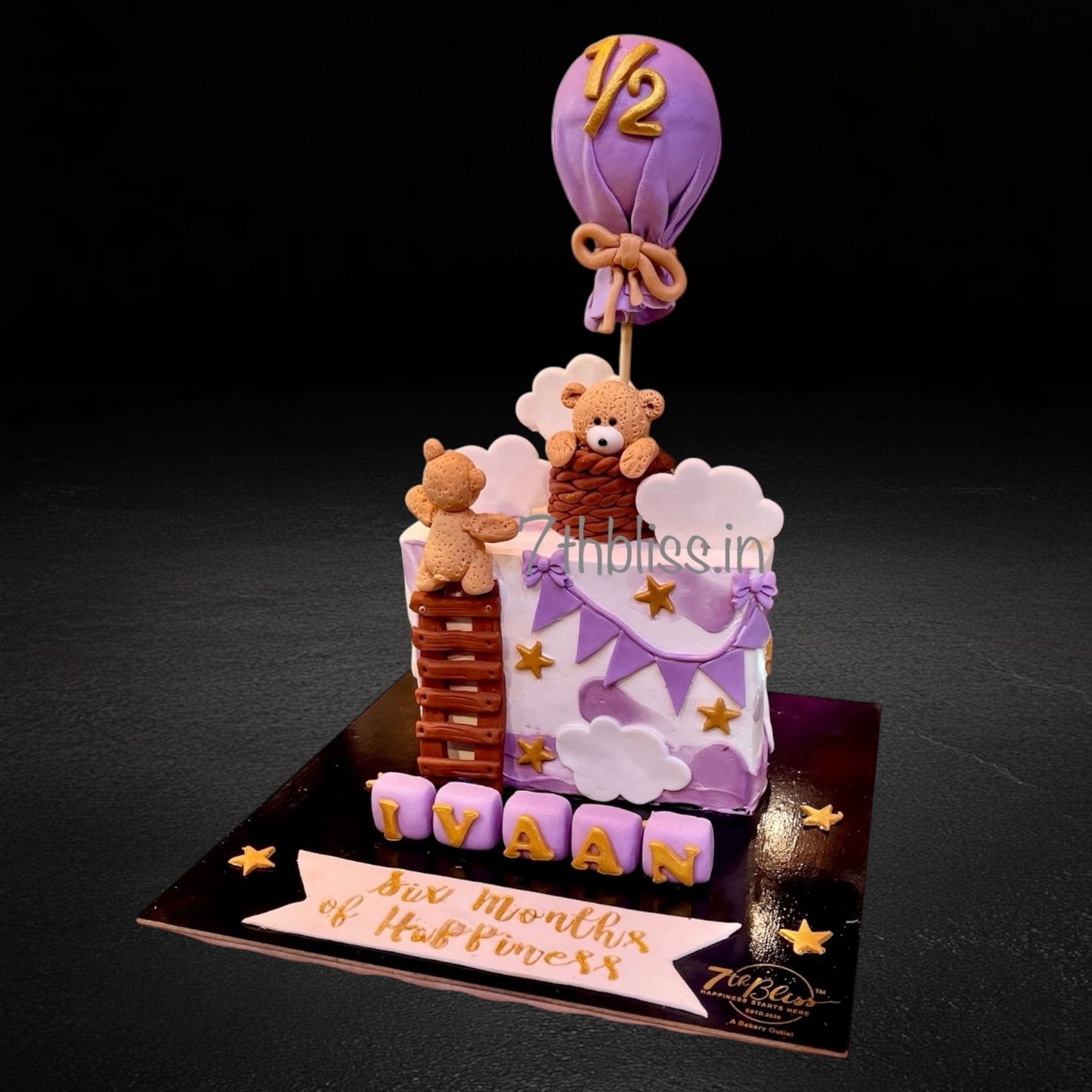 Purple Teddy Bear Hot Air Balloon Half Birthday Cake