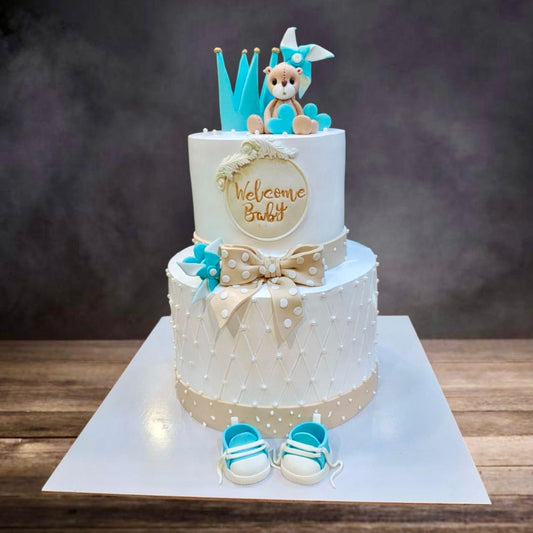 Welcome Baby 2-Tier Teddy & Crown Cake