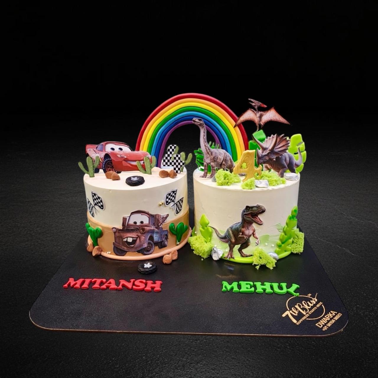 Cars & Dinos Twin Theme Cakes
