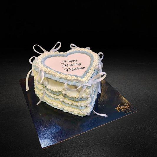 Blue & White Vintage Heart Ribbon Cake
