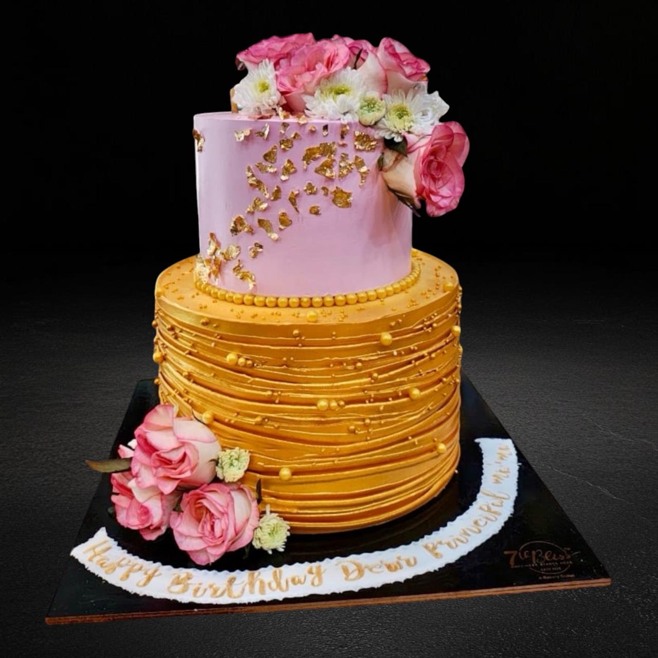 Elegant Floral & Gold Bloom Luxury Tier Cake