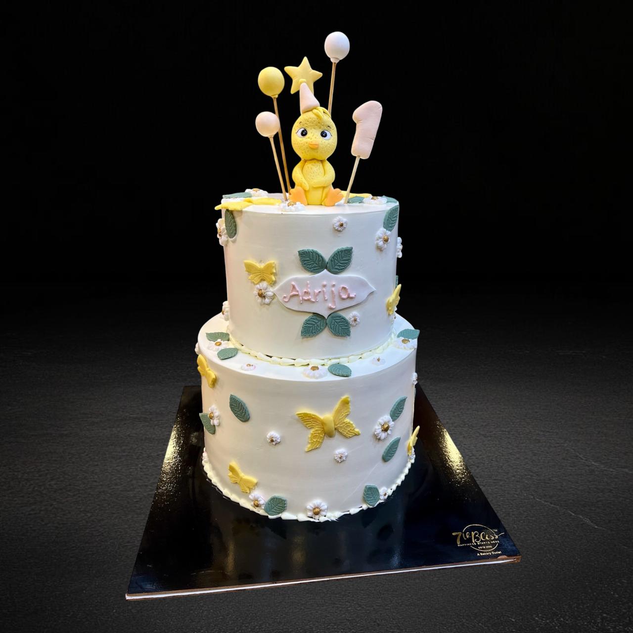 Yellow Chick Butterfly Theme 1st Birthday Cake