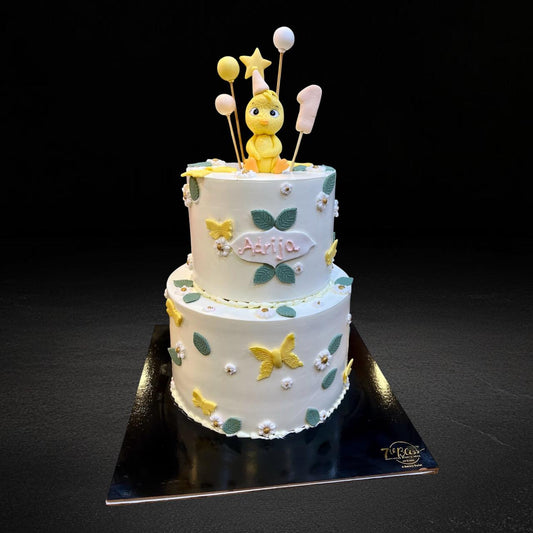 Yellow Chick Butterfly Theme 1st Birthday Cake