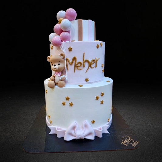 Pink & White Teddy Bear 1st Birthday 3-Tier Cake