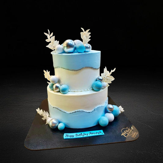 2-Tier Silver Balls Blue Theme Birthday Cake