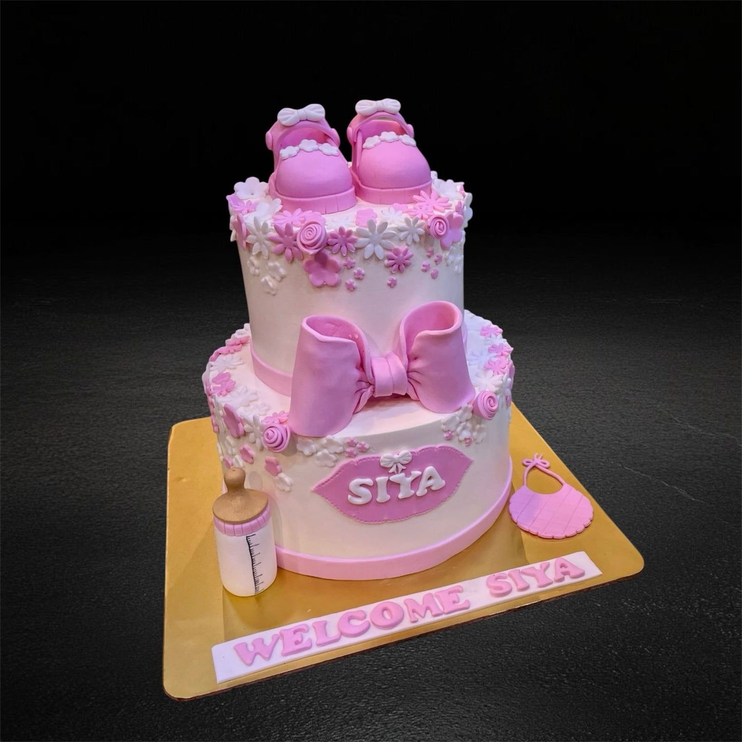 Pink Booties Welcome Baby Girl Tier Cake