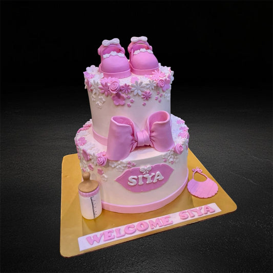 Pink Booties Welcome Baby Girl Tier Cake