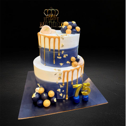 Royal Blue Gold Drip 75th Birthday Cake