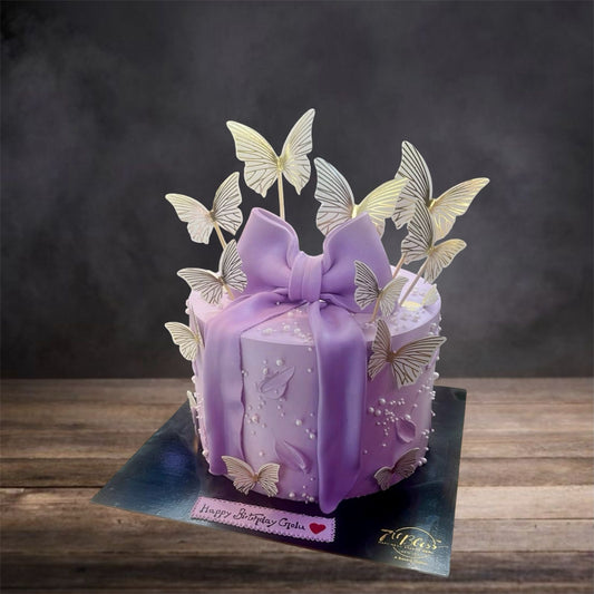 3D Fondant Bow Butterfly Lavender Cake