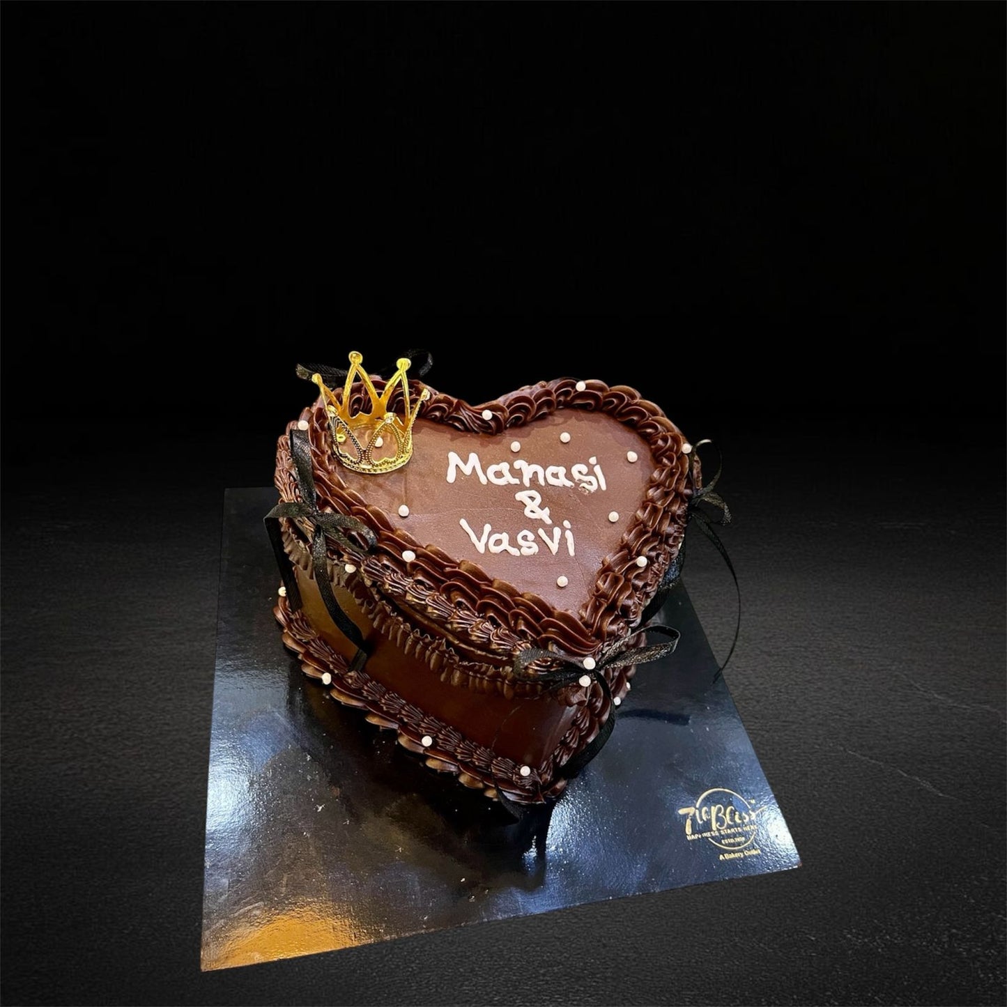 Chocolate Heart Vintage Ribbon Cake with Gold Crown