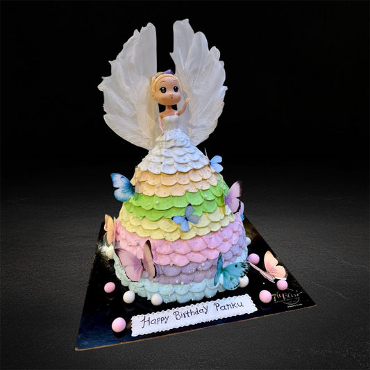 Pastel Rainbow Doll Dress Cake with Feather Wings
